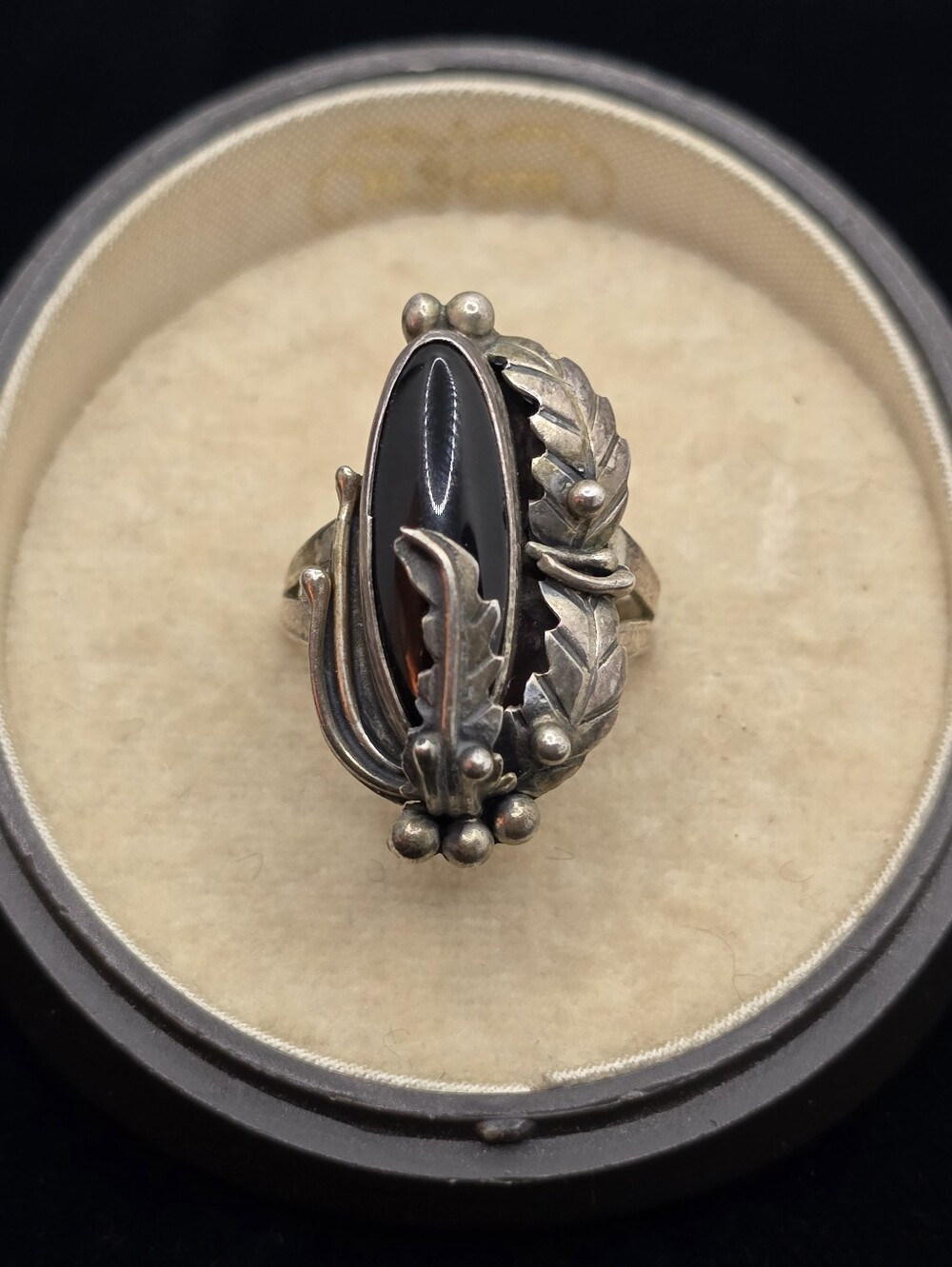 Navajo Sterling Onyx Ring Signed Nakai Feathers Size 8